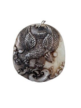 Vintage Hand Carved White Jade Pendant Intricate Eagle Catching Prey 2" Large